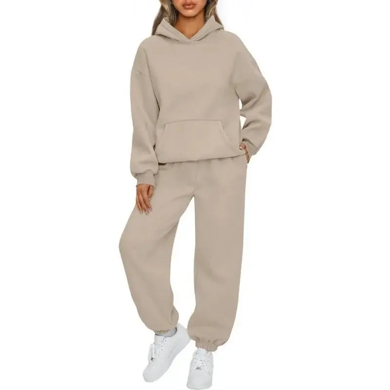 Fashionable Pure Color Autumn Winter Women's Two-Piece Set Casual Hoodie Sportswear Long Pants Ensemble Polyester Fiber