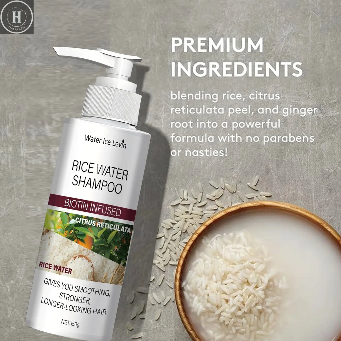Rice Water Shampoo with Biotin & Keratin - Smoothing & Strengthening, Citrus Freshness, Winter Hair Therapy, Long-Looking Hair HALALZEN