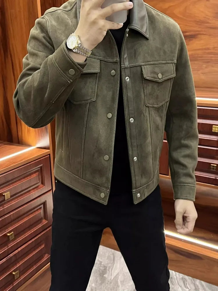 Business Men Slim Fit Autumn Faux Suede Leather Jacket Single Breasted Pu Leather Lapel Collar Coat Fashion Streetwear Outwear