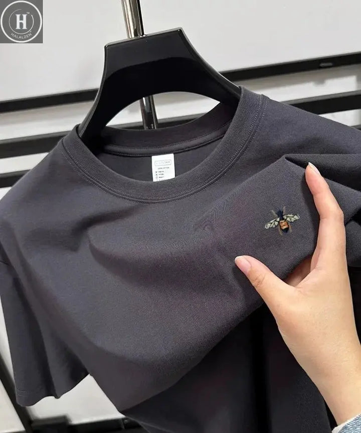 Fashion brand bee embroidery short sleeve T-shirt summer 100% cotton breathable round neck top Korean loose casual men's wear HALALZEN