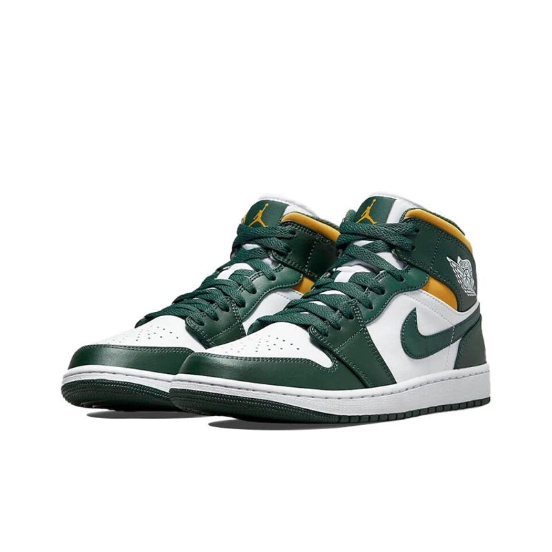 Original Air Jordan 1 Mid Seattle Supersonics High Top Retro Basketball Shoes Men's White Green Yellow Sneakers