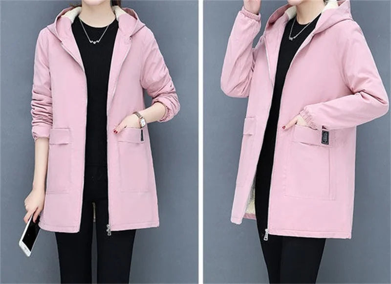 2024 New Winter Jacket Cotton Warm Puffer Coat Women Casual Parkas With Lining Plush hooded trench Outwear Women's Clothes