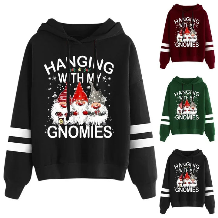 Christmas Floral Print Color Block Long Sleeve Hoodie Women's Knitted T-Shirt Full Sleeve Hooded Top