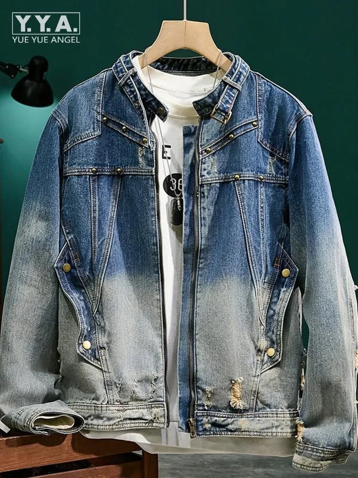 Retro Men Office New Autumn Winter Fashion Rivets Designer Gradient Color Stand Collar Denim Jacket Loose Fit Casual Cowboy Coat