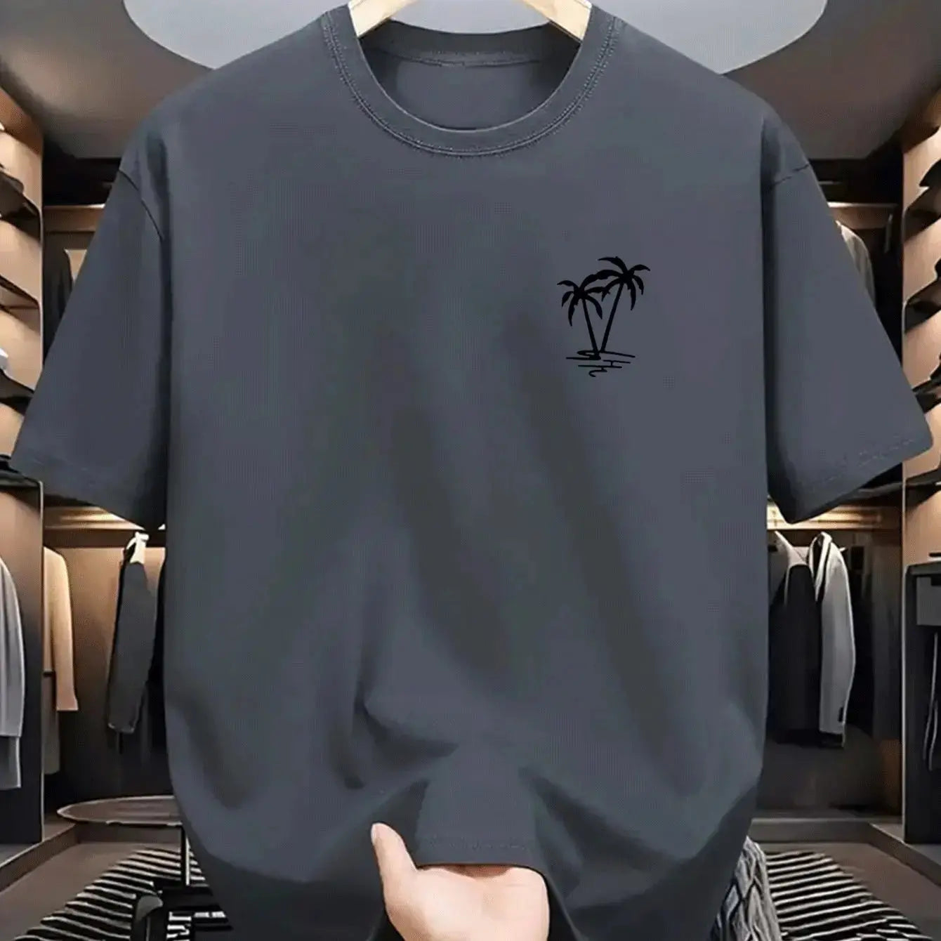 Men's summer 100% cotton fashionable casual loose coconut tree pattern printed sports round neck short sleeved T-shirt top HALALZEN