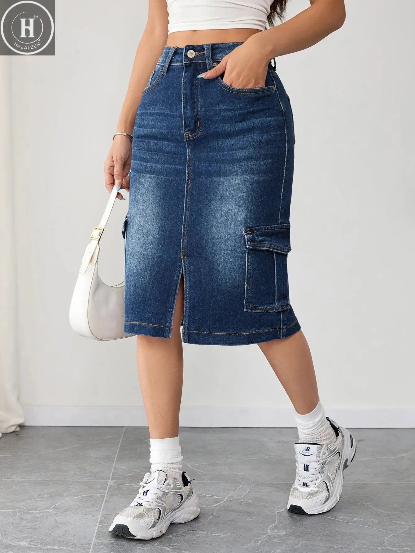 Trendy Plus Size Women's Denim Midi Skirt High Waist Cargo Jeans Pants Stylish Streetwear Halalzen UK