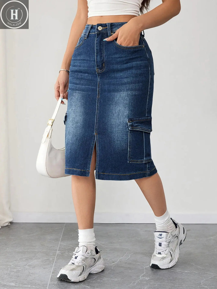 Trendy Plus Size Women's Denim Midi Skirt High Waist Cargo Jeans Pants Stylish Streetwear Halalzen UK