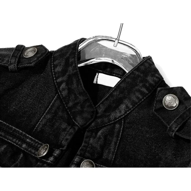 Streetwear Casual Loose Button Split Short Denim Jacket Women Fashion Spring Autumn 2025 Stand Collar Long Sleeve Jean Jacket
