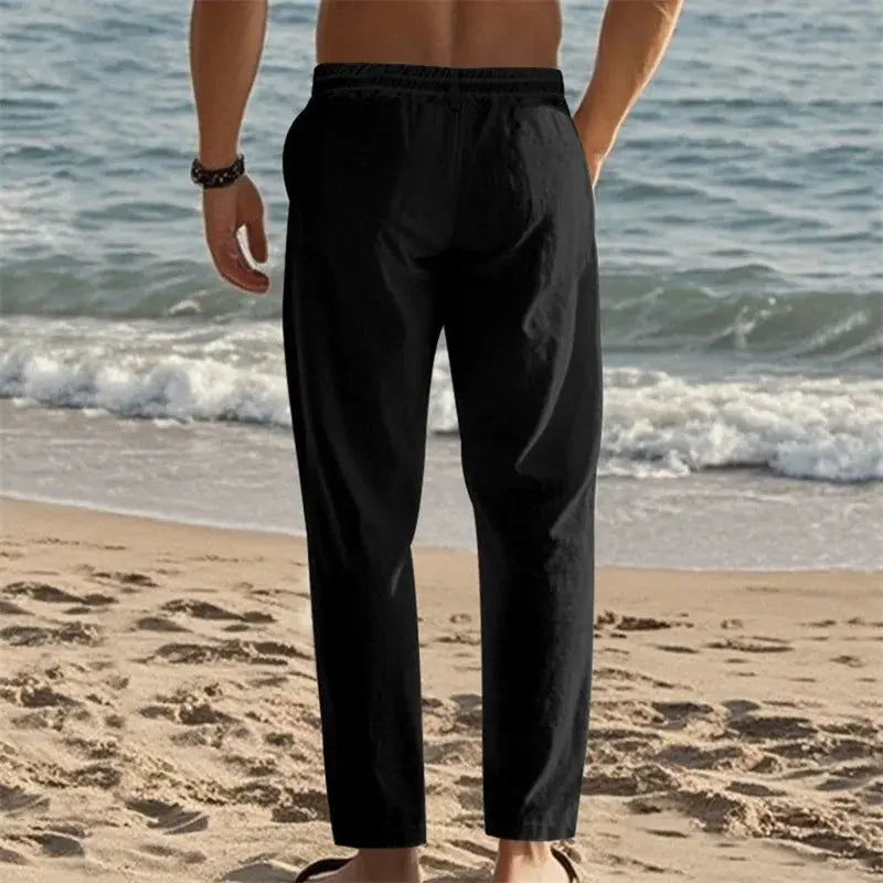 Men s Lightweight Drawstring Linen Pants with Pockets Comfortable Straight Leg Casual Trousers for Summer Beach Wear Halalzen UK