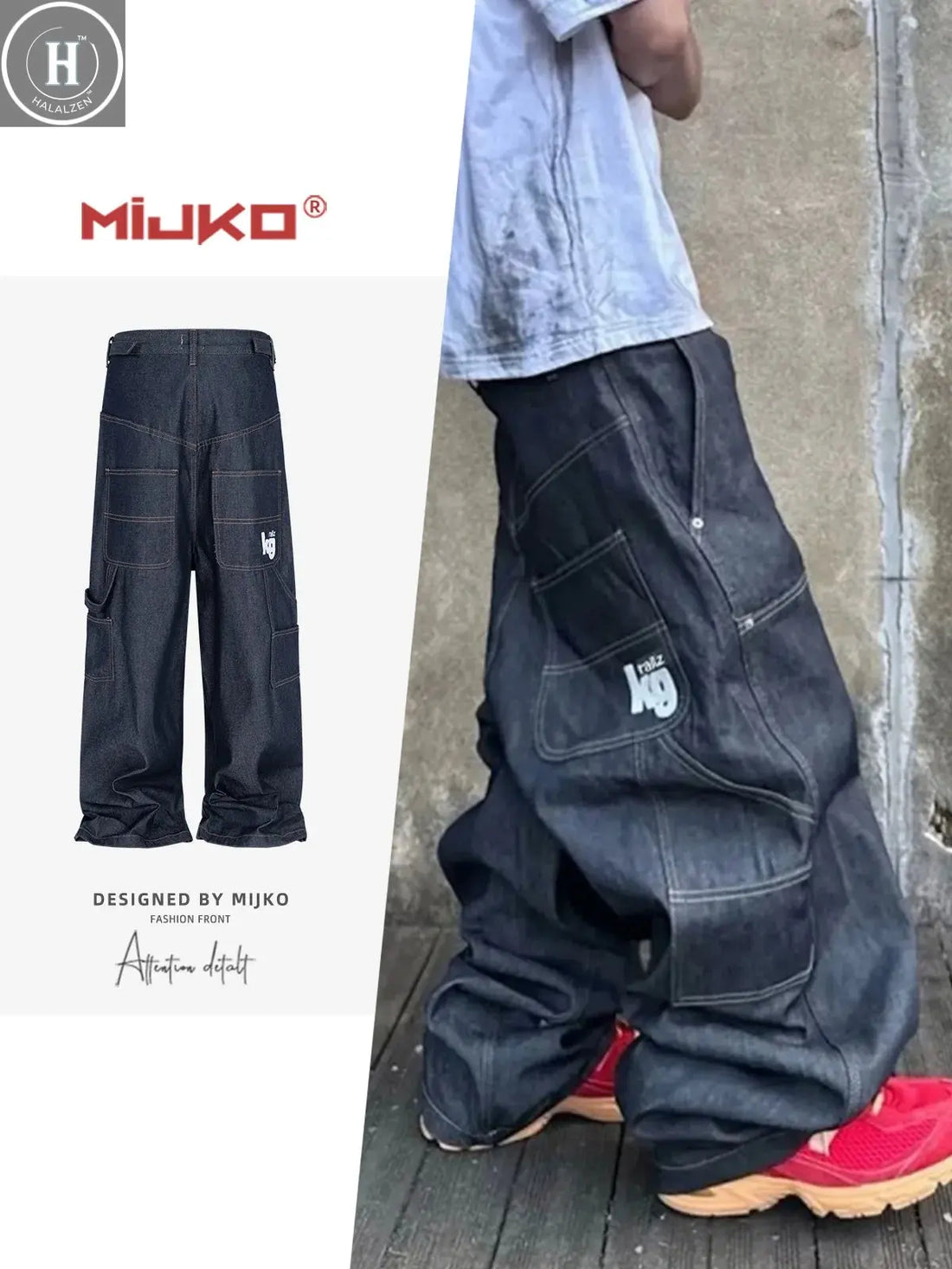 MIJKO Straight Blue Jeans Workwear Multi Pocket Embroidery Original Cow Trousers Comfortable Silhouette for Men and Women HALALZEN
