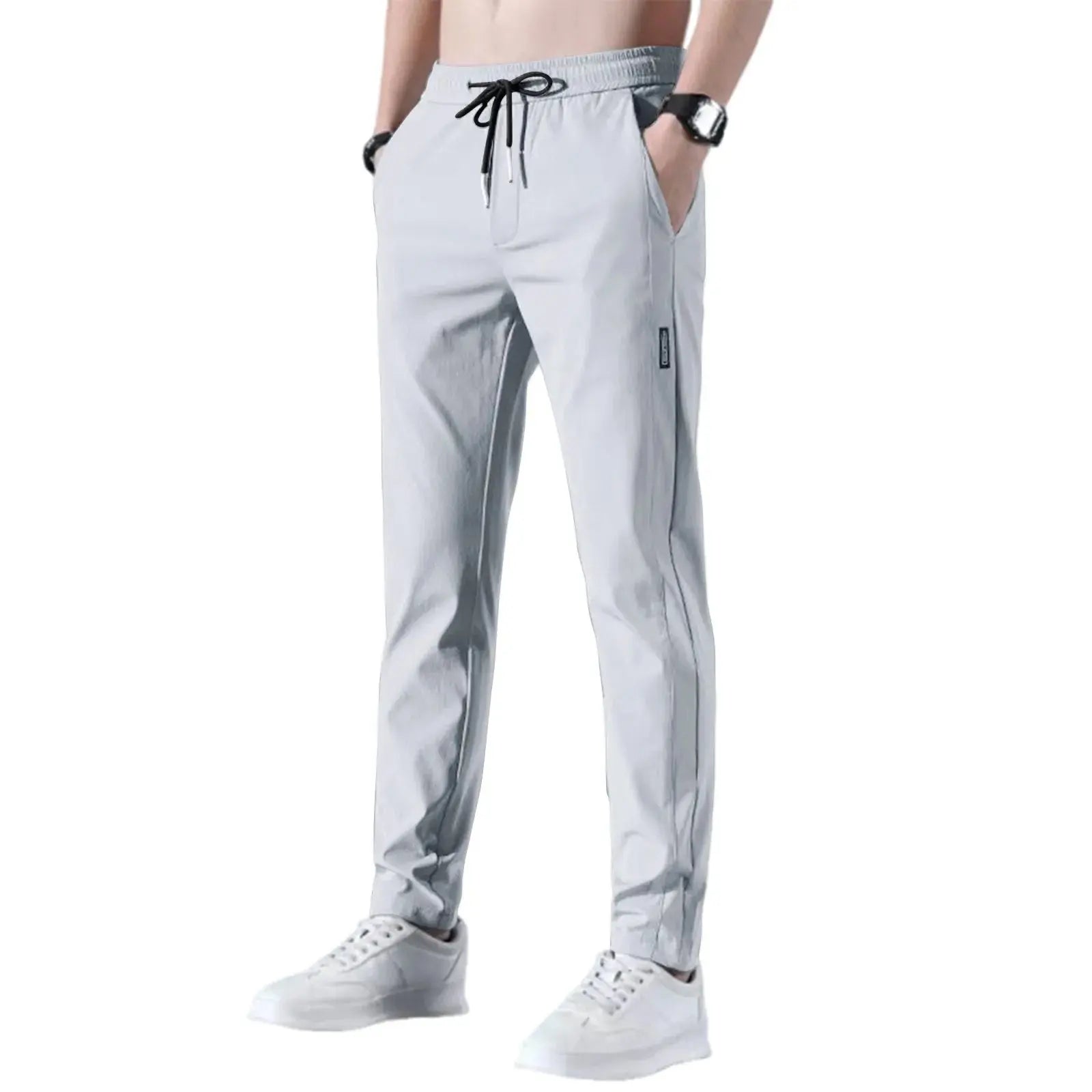 Men Fast Dry Stretch Pants Ice Silk Trousers Solid Color Mid-Waist Loose Breathable Straight-Leg Casual Pants Thin Sports Pants Halalzen UK