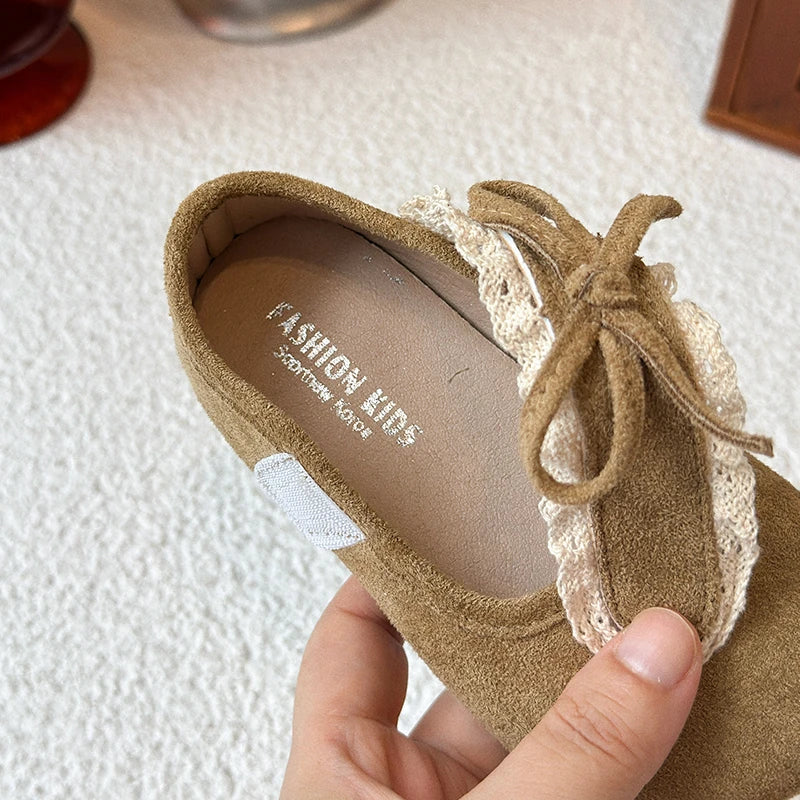 Girls Leather Shoes 1-16 Years Old Khaki Lace Lace Bow Girls Bir Princess Shoes Four Seasons Lightweight Children's ken Shoes