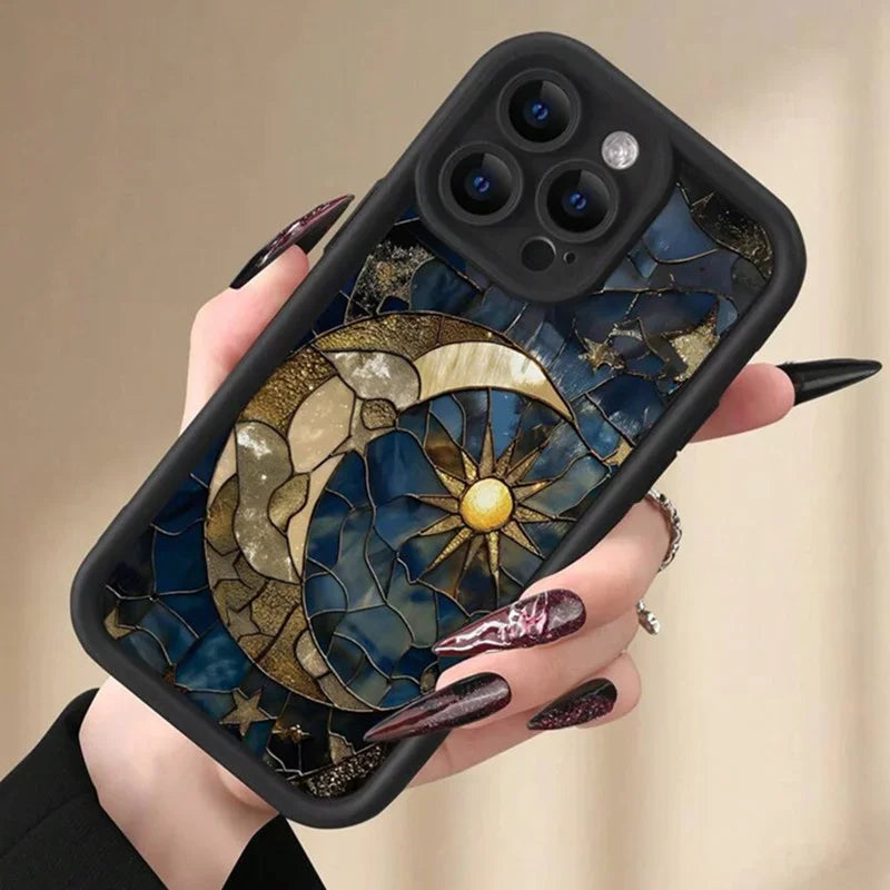 Aesthetic Glass Printed Sun & Moon Silicone Phone Case for IPhone 16 14 12 13 11 15 Pro Max X XS 7 8 Plus Shockproof Soft Cover