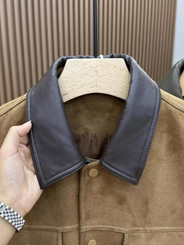 Business Men Slim Fit Autumn Faux Suede Leather Jacket Single Breasted Pu Leather Lapel Collar Coat Fashion Streetwear Outwear