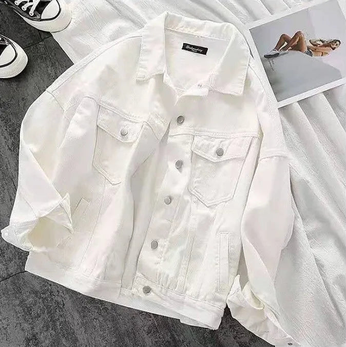 Women's Denim Jacket Spring Autumn White Cotton Long Sleeve Internet Famous Vintage Loose Fit New Style Casual Coat Top