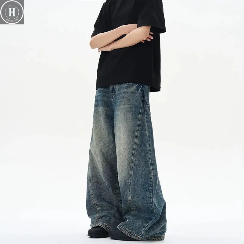 2025 Spring New Men's Jeans Oversized Wide Leg Pants Loose Vintage Patchwork Lightning Cracked Denim Trousers Streetwear Male HALALZEN