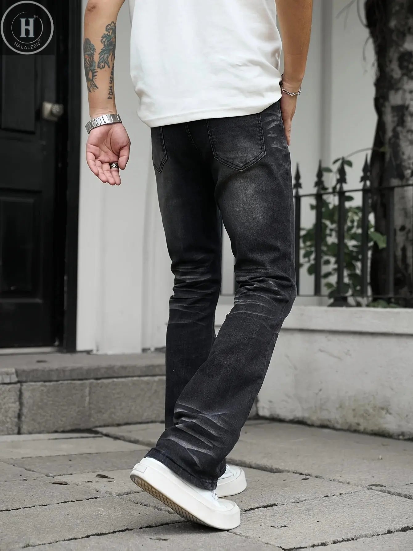 High street Vibe style heavyweight washed black grey slightly flared elastic slim fit jeans for men Halalzen UK