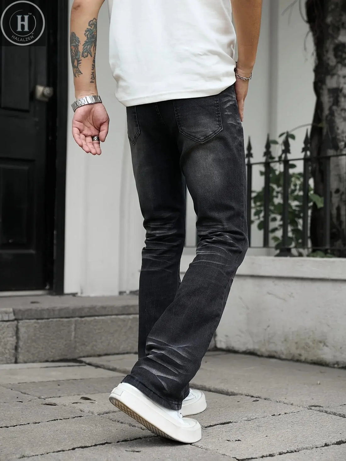 High street Vibe style heavyweight washed black grey slightly flared elastic slim fit jeans for men Halalzen UK