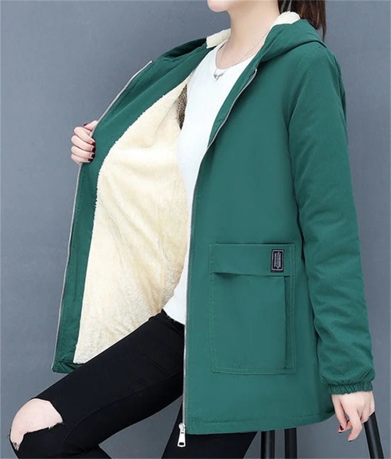 2024 New Winter Jacket Cotton Warm Puffer Coat Women Casual Parkas With Lining Plush hooded trench Outwear Women's Clothes