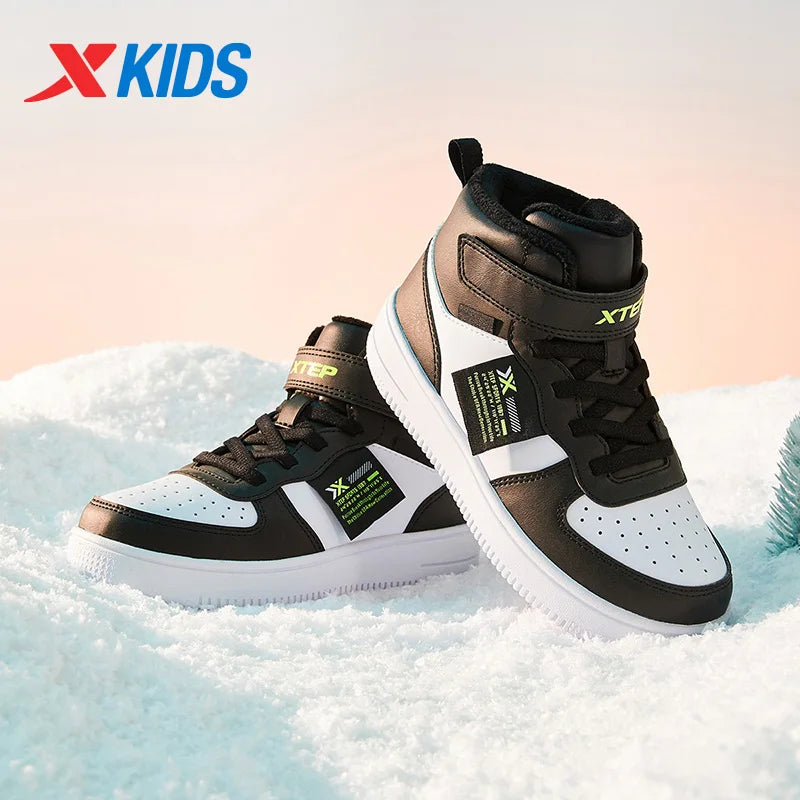 Xtep Kid's Skateboarding Shoes 2024 Winter Unisex Warm Cotton High-top Velcro Stitching Color Fashion Casual Shoes 676416379380