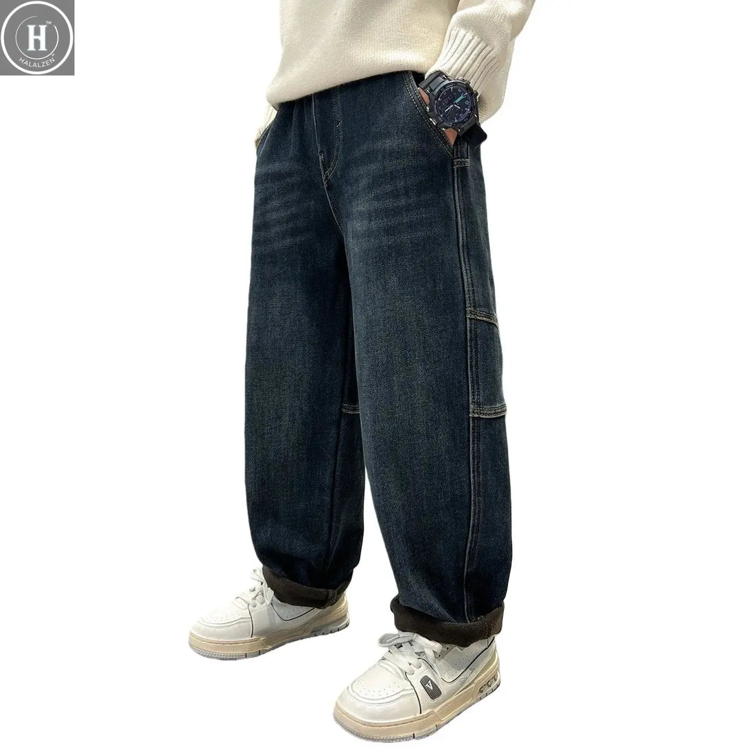 Boys Fleece Denim Pants with Back Pocket Teenager Boys Handsome Autumn Winter Warm Boys Thick Straight Leg Baggy Wide-leg Pants HALALZEN