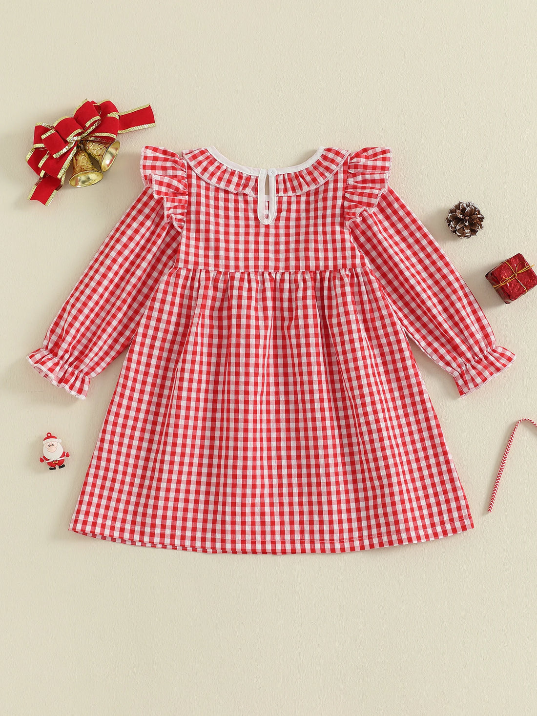 Girls Christmas Dress Long Sleeve Crew Neck Plaid Embroidery Santa Claus Winter Dress with Bow Detail
