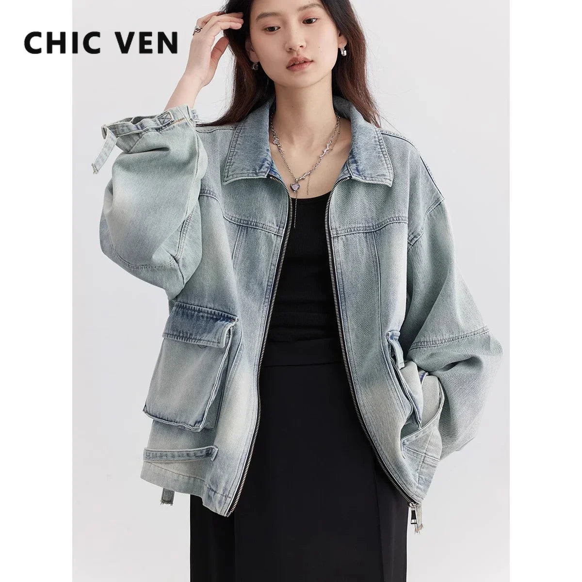 CHIC VEN Women Jacket Loose Casual Blue Cotton Denim Jack for Woman New outerwear Female Overcoat Cowboy Coat Spring Autumn 2024