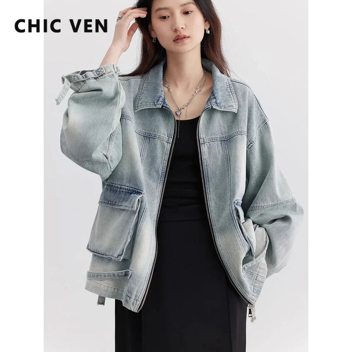 CHIC VEN Women Jacket Loose Casual Blue Cotton Denim Jack for Woman New outerwear Female Overcoat Cowboy Coat Spring Autumn 2024