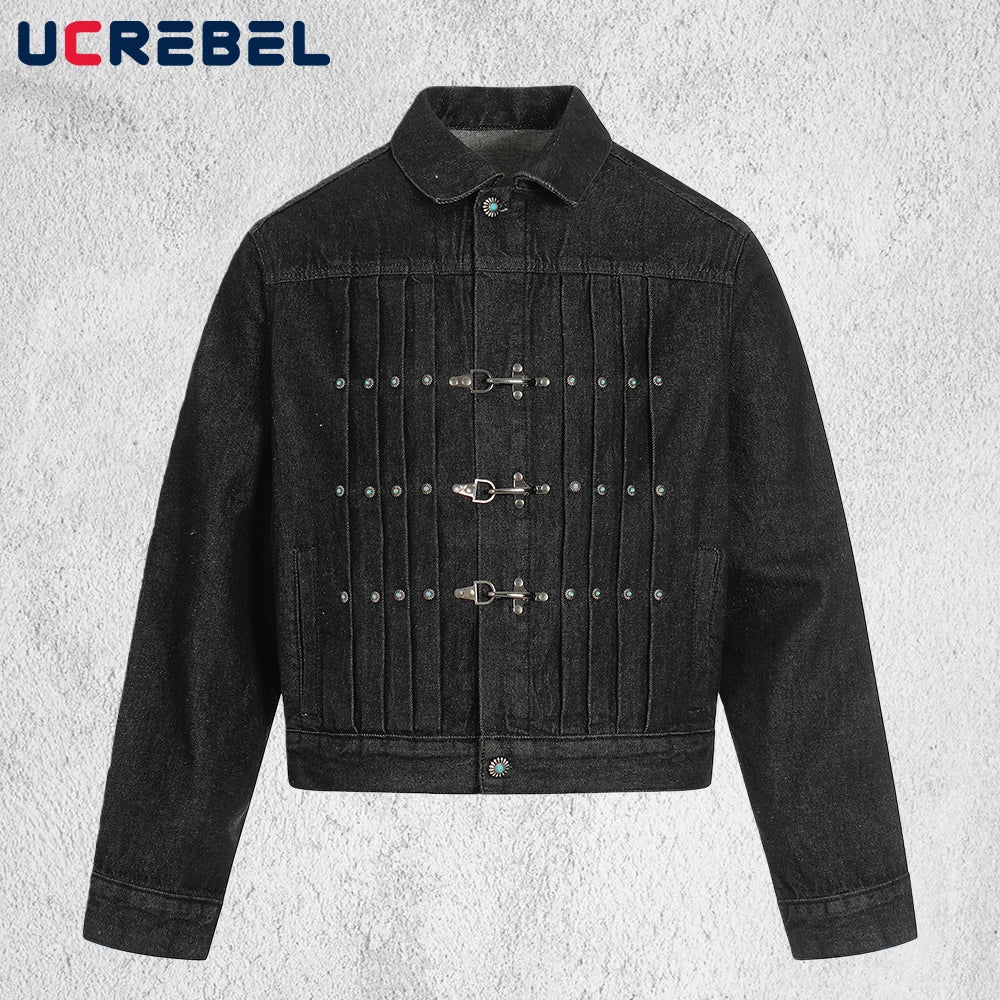 Spliced Raw Denim Jacket Mens with Rivets Retro High Street Autumn Winter Lapel Long Sleeve Cowboy Jacket Man Outerwear