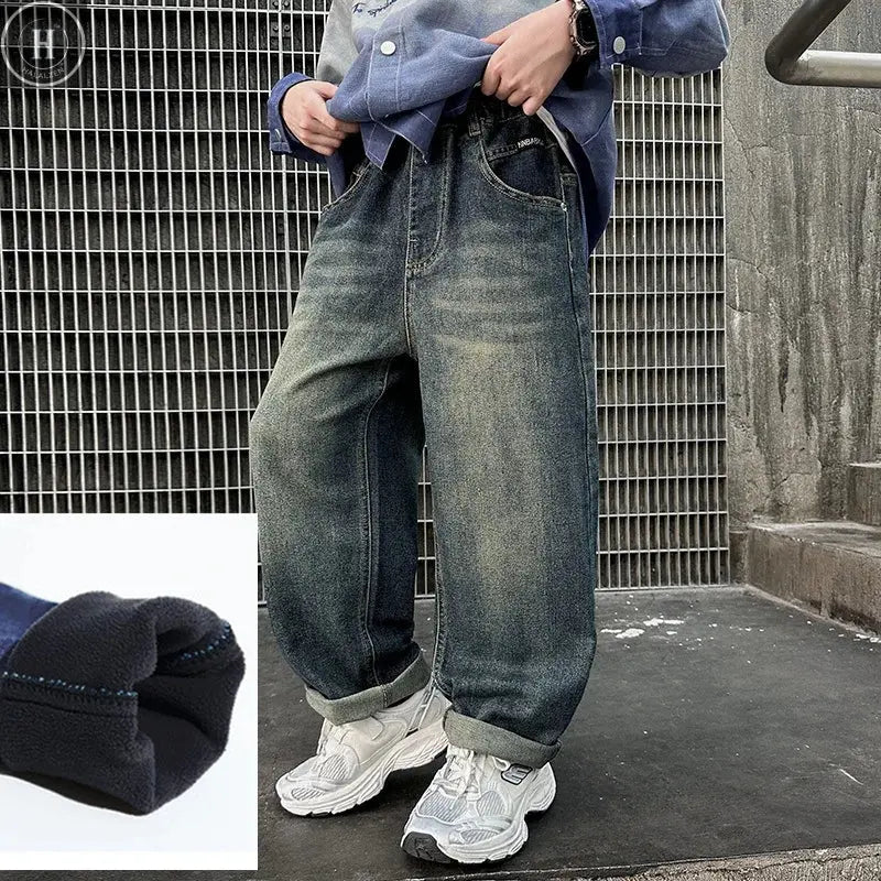 Big Boy Winter Insulated Cartoon Jeans For Kids Teenager Fleece Lined Denim Pants Children Wide Leg Thermal Jeans Trousers 5-14Y HALALZEN
