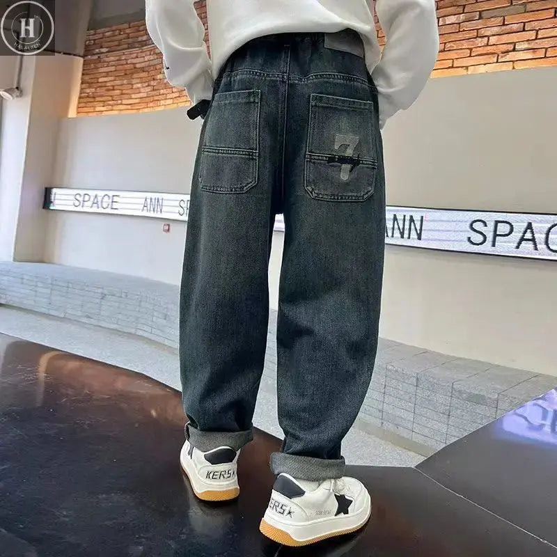 Boys Plush Warm Jeans Autumn Winter Kids Fashion Embroidered Letter Denim Pants Casual Loose Straight Trousers for 5-14 Years HALALZEN