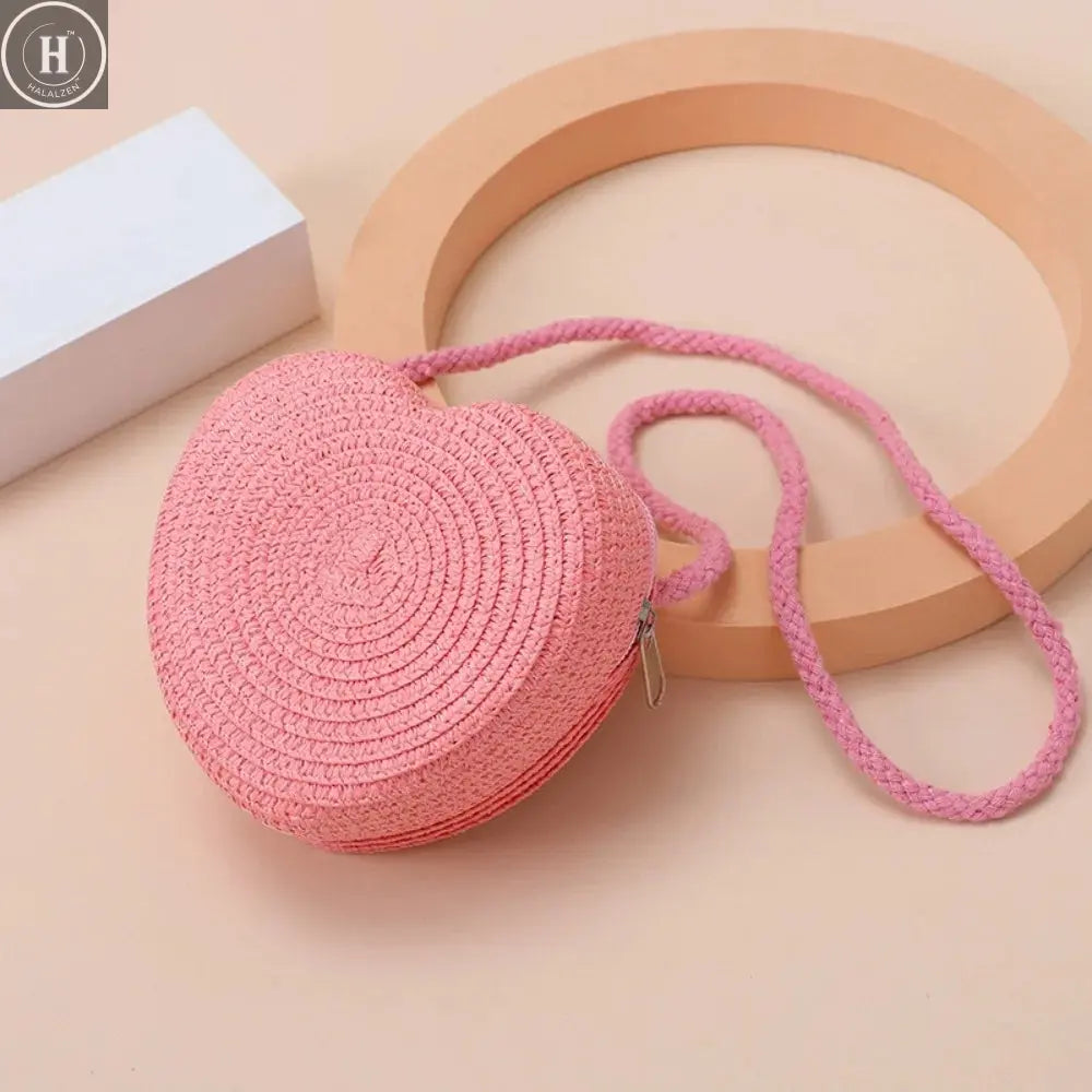 Children's Straw Shoulder Bags Beach Bag Coin Purse Kids Heart Shape Woven Crossbody Bag HALALZEN