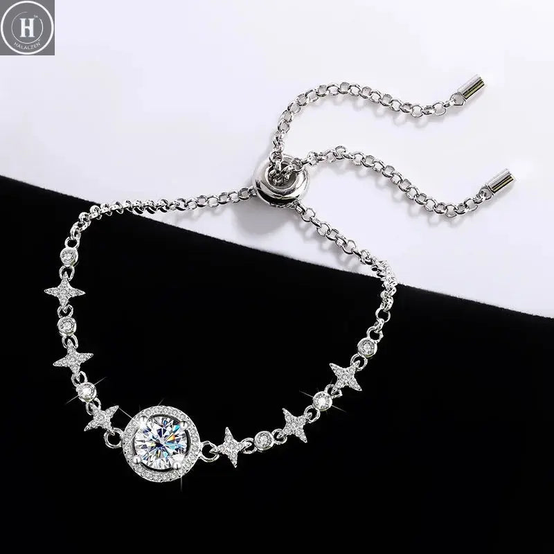 JH 925 Sterling Silver Moissanite Bracelet For Women Adjustable Starry Sky Bracelet Round Cut 1CT Fine Jewelry Lab Gemstone HALALZEN