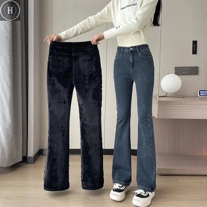2023 Fashion New Women Warm Plush Flared Jeans Thermal Fleece Loose Denim Pants Female High Waist Urban Straight Flare Trouser Halalzen UK