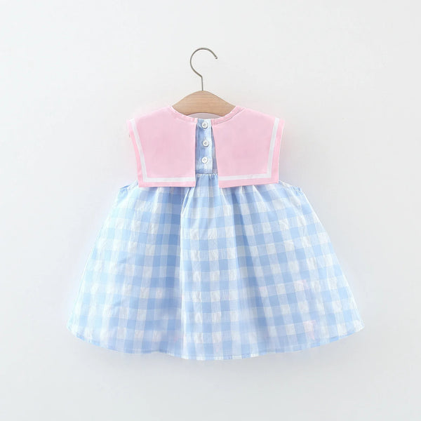 Summer New Baby Girls Dress School Style Small Animal Print Blue Plaid Bow Princess Dress Sleeveless Lightweight