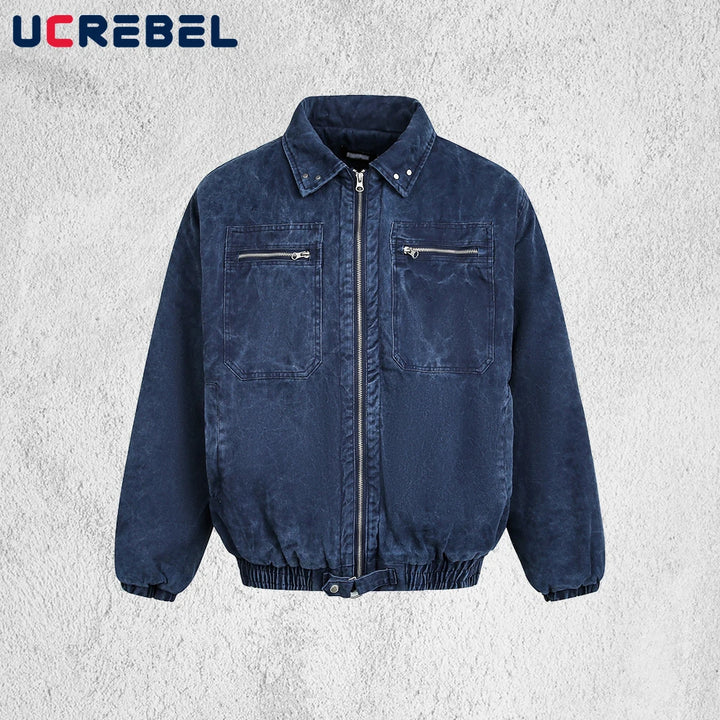Pocket Denim Quilted Jacket Mens Winter High Street Washed Distressed Thick Lapel Long Sleeve Padded Jacket Man