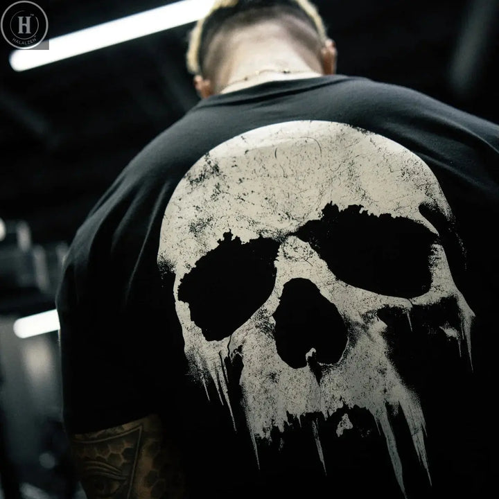 American Fitness Gym Men T Shirts Training Clothes Sports Cotton Short Sleeve T-shirt Men's Skull Loose Trendy Fashion Print Tee HALALZEN
