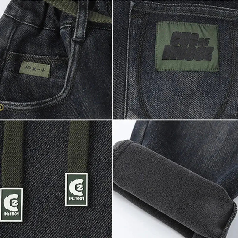 Kids Autumn Winter Fleece-lined Warm Denim Pants 5-14 Years Boys Fashion Letters Straight Loose Jeans Casual Sports Trousers HALALZEN