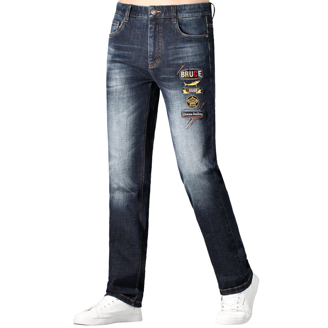2025 Stretch Men's Jeans, New Trend Embroidered Blue Jeans, Bruce&Shark Loose Straight Leg Jeans For Man, Thick Cotton Big Size