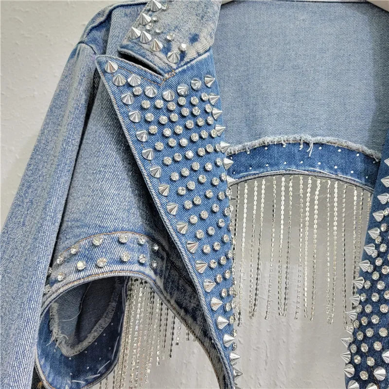 Rhinestone Beaded Tassels Rivets Denim Jacket Short Crystal Fringed Backless Jeans Coat Diamonds Cowboy Cardigan Sequins Tops