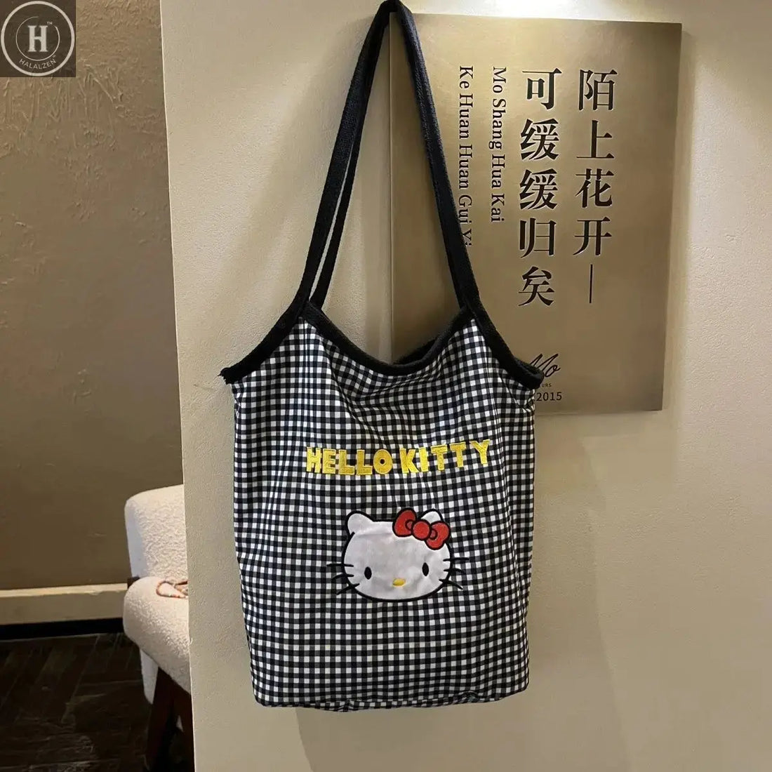 Kawaii Plaid Hello Kitty Women's Shoulder Bag Embroidered shoulder handbag Canvas bag Commuter Versatile Shoulder Handbag HALALZEN