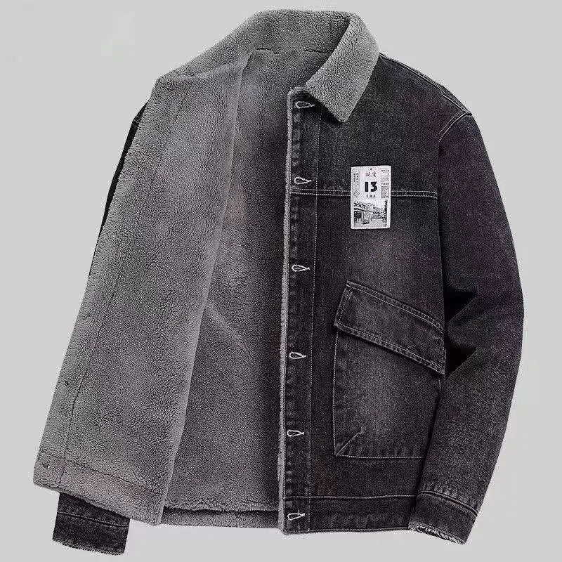Men's Winter Denim Jaet Lamb Velvet Warm Fur Collar Cotton Workwear Jaet Slim Fit Korean Sle Youthful Long Sve Zipper