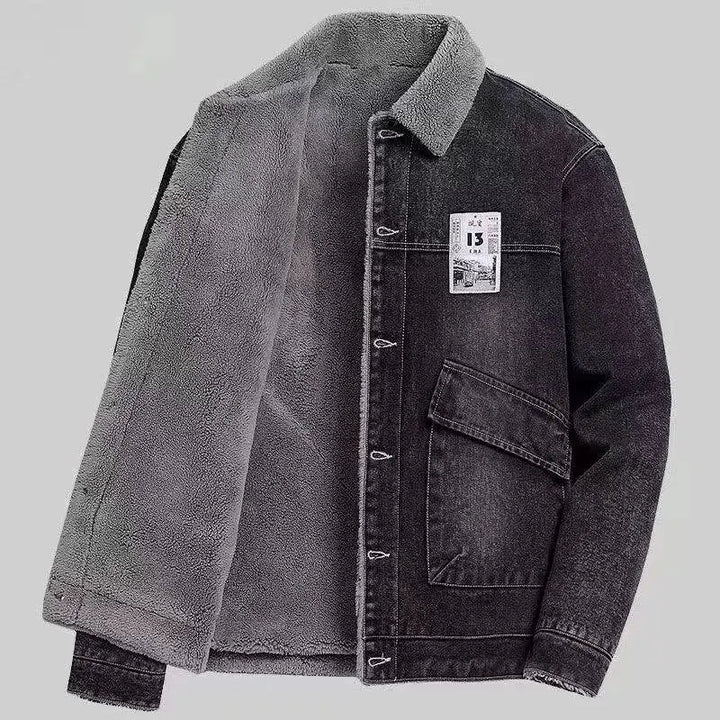 Men's Winter Denim Jaet Lamb Velvet Warm Fur Collar Cotton Workwear Jaet Slim Fit Korean Sle Youthful Long Sve Zipper