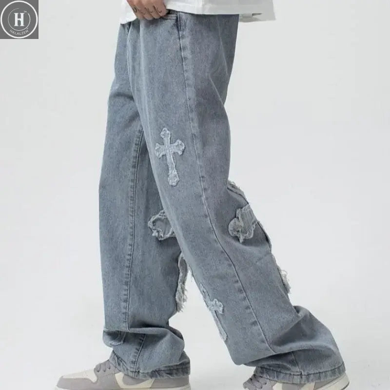2025 new high street loose white cross jeans men's jeans Y2k loose pants loose cross design straight leg jeans men's Halalzen UK