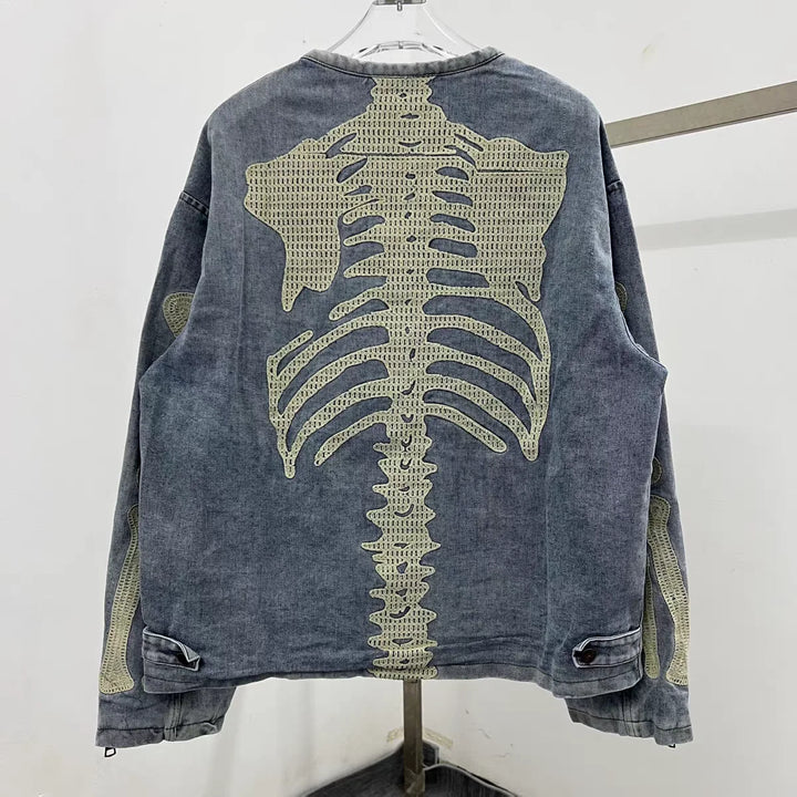 Denim denim Bone Embroidery Loose Washed Heavy Fabric Jacket Men Women High Quality Jackets Coat