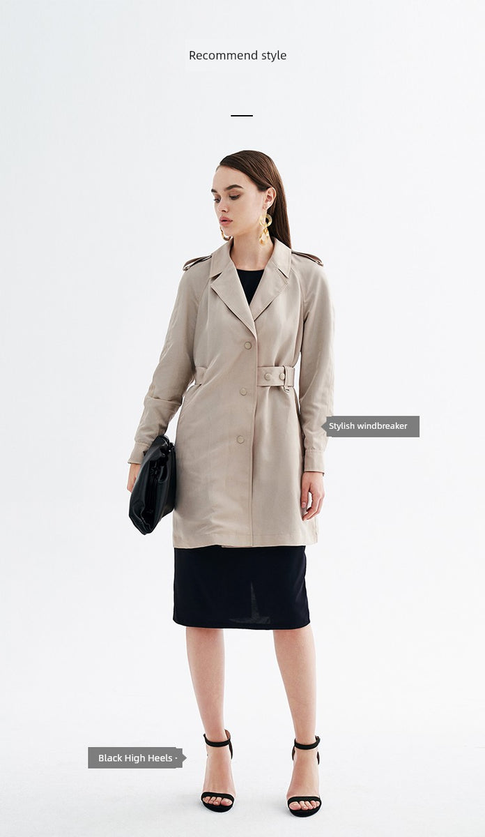 Canto Motto Fog Channel Autumn Same Style with Mall Lapel Double Breasted Shoelace Waist-Tight Mid Length Long Length Trench Coat