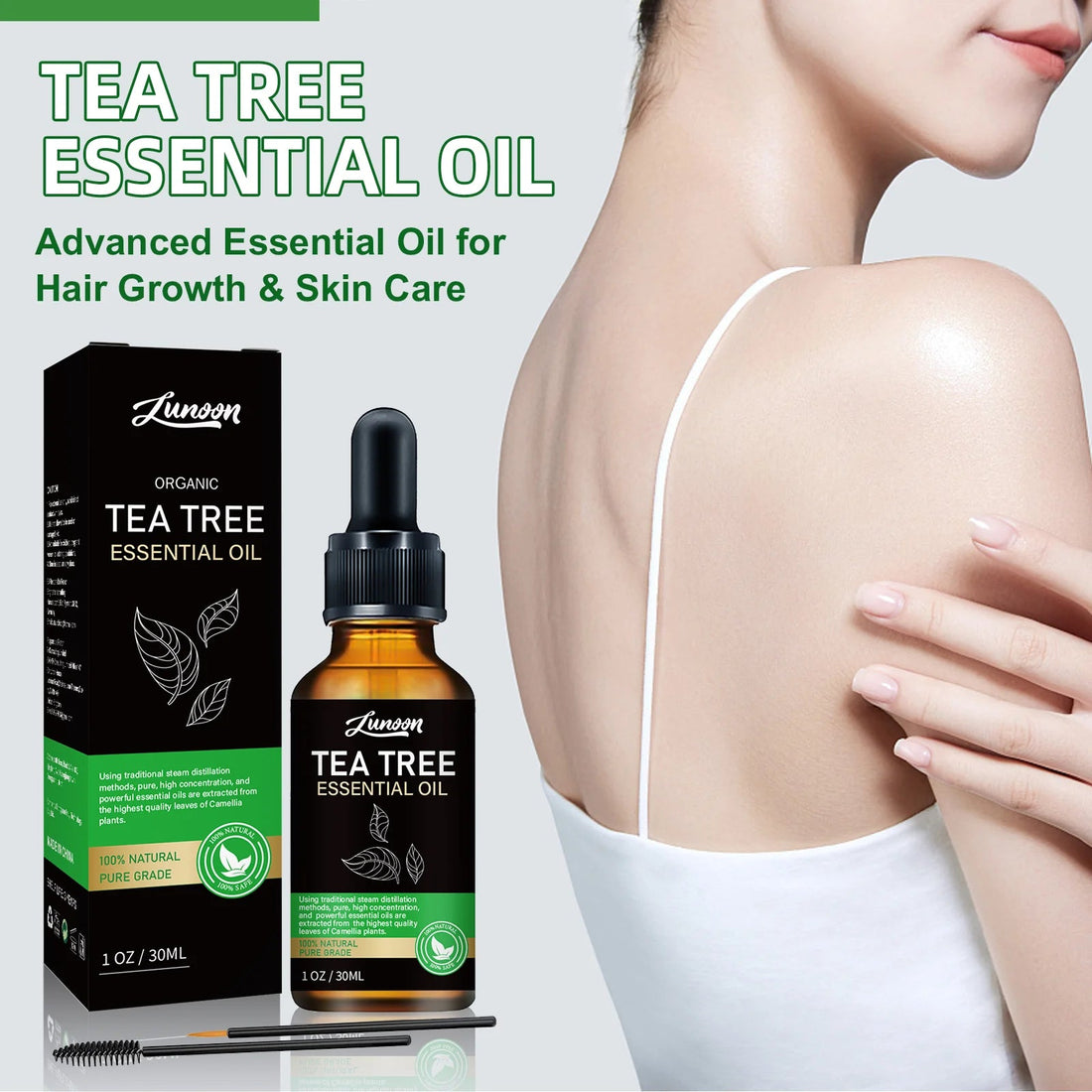 LUNOON Tea Tree Essential Oil 30ml for Hair Growth, Scalp Nourishment & Dry Skin Care Multi-Use Natural Tea Tree Oil HALALZEN