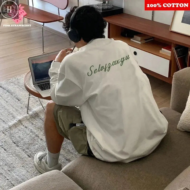 American Letter White T-shirt Men Autumn Winter 2025 New 100% Cotton Long sleeves Sport Gym T-shirt Loose Y2k Top men clothing HALALZEN