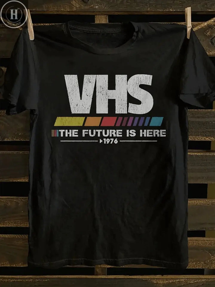 Men's Retro VHS Vintage 80s T-Shirt Soft 100% Cotton Short Sleeve VHS Cassette Tape Graphic with VHS Logo Retro Stripes HALALZEN