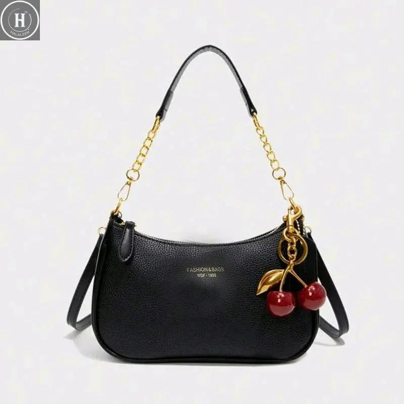 Cherry Pendant Crossbody Bag for Women PU Leather Crescent Bag Adjustable Strap Underarm Bag Closure Handbag for Work Travel HALALZEN